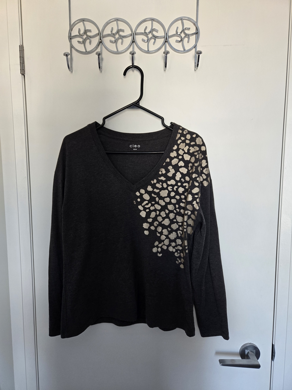 cleo Black Long-Sleeve V-Neck Top with Metallic Leopard Print